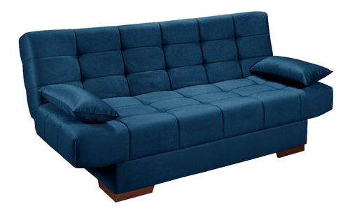 Sofá Cama Reclinável Azul Quadriculado Para Sala Confortável
