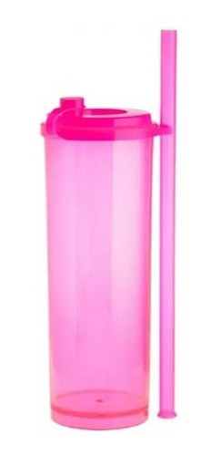 Copo Long Drink Rosa Neon C/ Tampa E Canudo Oferta 17232