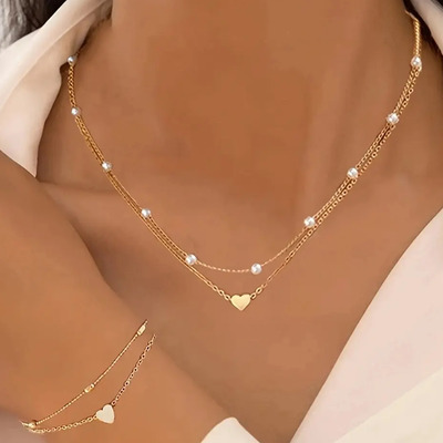 Juego 4 Piezas Collar Pulsera Corazón Perlas Imitación Minim | Meses sin interés
