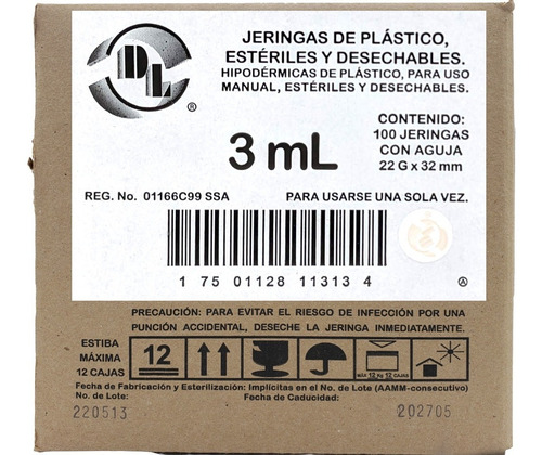  100 Jeringas De Plástico Capacidad 3 Ml Con Aguja 22x32