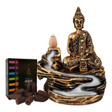 Incensário Cascata Backflow Zen Meditação + 10 Incensos Cor Ouro Velho Pedra Buda Hindu Meditando 2