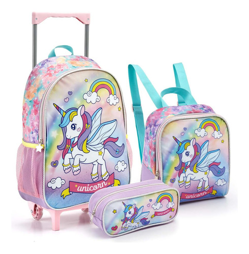 Kit Mochila Estojo Lancheira Escolar Unicornio Rodinhas