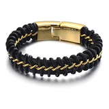 Pulsera Hombre Negro Trenzado Con Cadena Dorada 