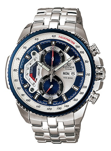 Relógio De Pulso Casio Edifice Ef-558 Com Corpo Prateado,  Analógico, Fundo  Branco E Azul, Com Correia De Aço Inoxidável Cor Prateado, Agulhas Cor Branco, Cinza E Vermelho, Subdials De Cor Cinza E Br