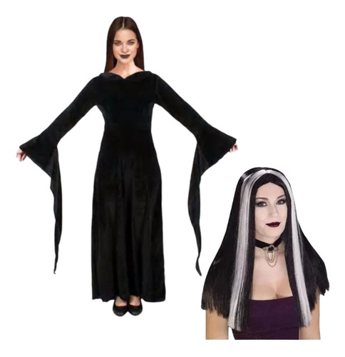 Vestido Disfraz Morticia Addams Halloween + Peluca