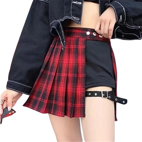 Falda Cuadros Roja Cinturón Punk Gotic E Girl Moda