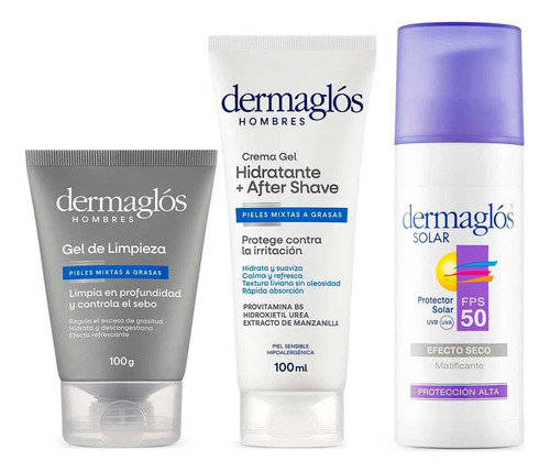 Dermaglos Kit Facial After Shave + Gel De Limpieza + Solar 