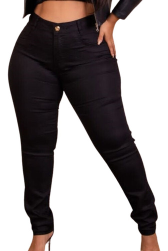 Calça Preta Jeans Plus Size Feminina Skinny Cintura Alta