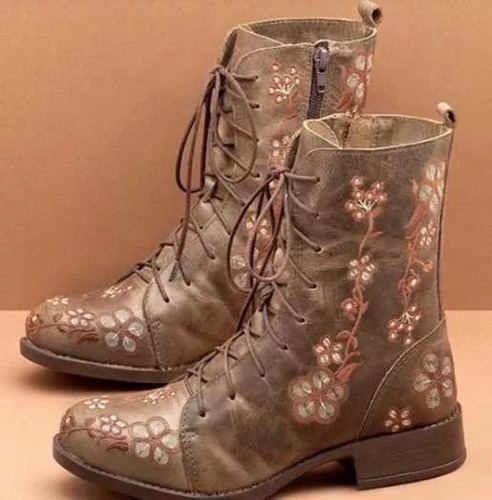 Bota Vaquera Mujer De Flores Rosas De Cuero De Estilo Ethnic