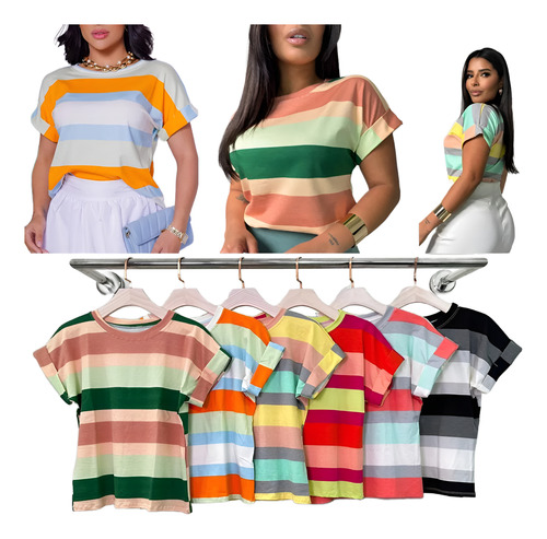 Kit 3 Tshirt Manga Dobrada Listrada Premium Luxo Feminino