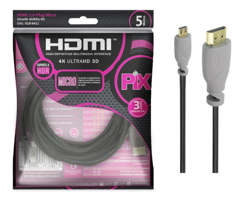 Cabo Micro Hdmi + Micro Hdmi 5 Metros  2.0 4k