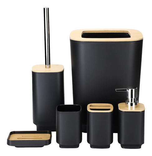 Set Juego Baño 6 Piezas Plastico Bambu Jabonera Organizador Negro