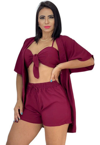 Conjunto Feminina (kimono+short+cropped) Lookinho Verão