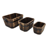 Set 3 Maceteros De Madera Tipo Barril Rectangular De Jardin