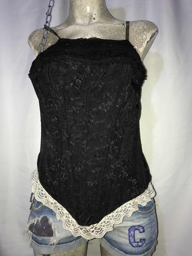 Sexy Corsé Corset Negro Tipo Flores Encaje Blanco Lentejuela