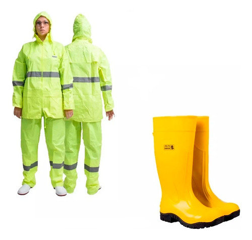 Kit Bota Dieléctrica + Impermeable Chamarra Y Pantalón Verde