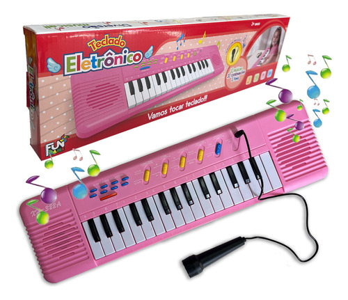 Teclado Piano Infantil Microfone Karaokê Musical Menina Rosa