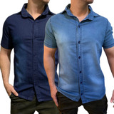 Kit 2 Camisa Masculina Jeans Com Elastano Manga Curta Social