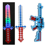 Kit Espada + Arma Minecraft Azul Diamante Com Som E Luz