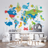 Vinilos Infantiles Mapamundi Mapa Océano Mar Peces Mp05a