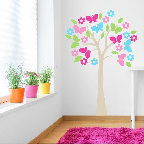 Vinil Decorativo Arbol Flores Mariposa Niña Recamara 