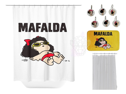 Cortina Baño Impermeable Ganchos Alfombra Mafalda Protector