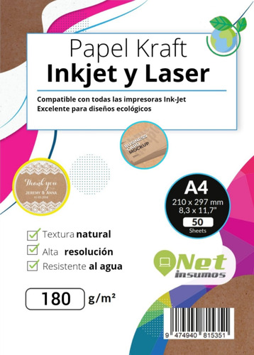 Papel Kraft Inkjet Y Láser A4 50 Unidades 180g