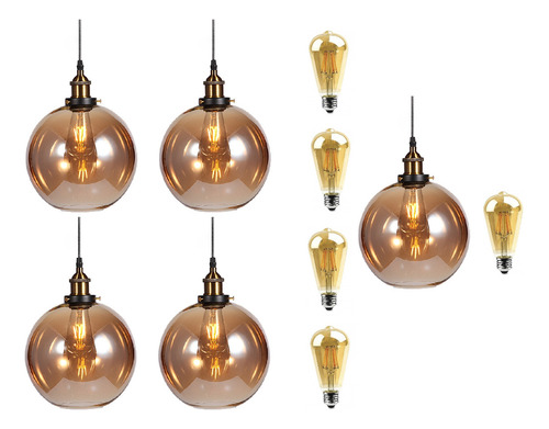 5 Pendente Vintage Vidro Ambar Industrial Retro L3578 + Lamp