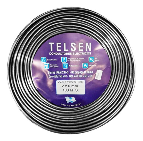 Cable Tipo Taller Alargue Telsen 2x6 Mm Rollo X100 Mts