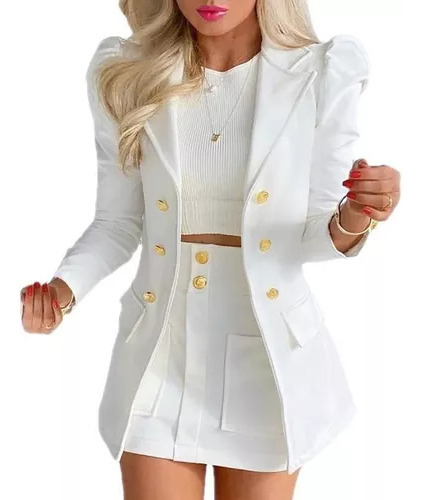 Conjunto De Dos Piezas Con Blazer Blanco Y Falda Corta Para