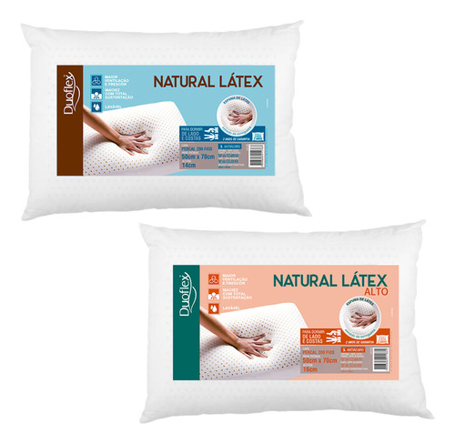 Kit 2 Travesseiros Natural Látex Médio E Alto - Laváveis