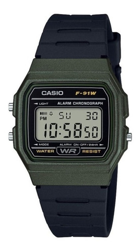 Reloj Pulsera Casio Collection F-91wg-9qdf-sc De Cuerpo Color Verde, Digital, Para Hombre, Fondo Gris, Con Correa De Resina Color Negro, Dial Negro, Minutero/segundero Negro, Bisel Color Verde Y Hebil