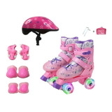 Patins Quad Rosa Regulável 28-32 E 33-36 Rodas Led + Kit 12x