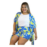 Short + Kimono Plus Size Estampado Verde Conjunto Feminino