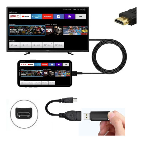 Cabo Conectar Celular Tv Hdmi/v8 + Adapt Otg Transf Dados 