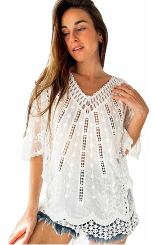 Blusa Camisola  Hindu Importada Bohofolk Encaje Tul Broderi