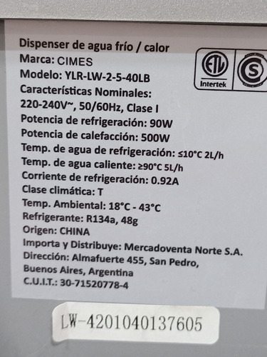 Dispenser De Agua Fria/caliente Marca Cimes