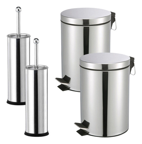 Kit 2 Lixeiras Banheiro Inox 5l + 2 Escovas Sanitária Inox