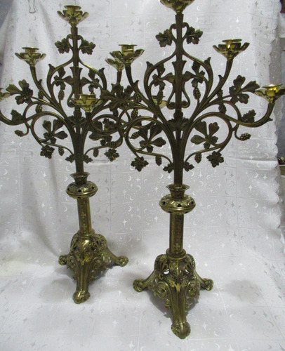 Antiguo Par Candelabros Sólido Bronce 5 Velas Cruces 65 Cm