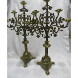 Antiguo Par Candelabros Sólido Bronce 5 Velas Cruces 65 Cm