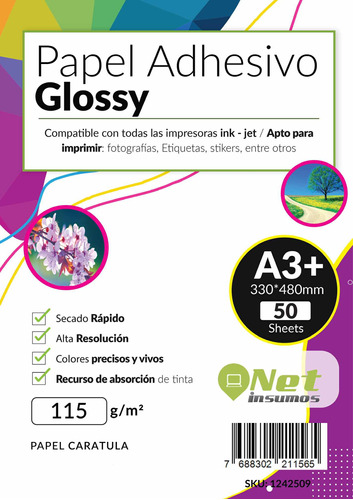 Papel Adhesivo Glossy  A3+ 115 Gr  50 Hojas 