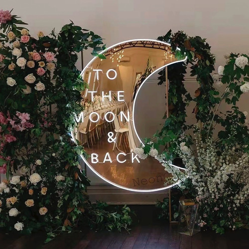 To The Moon And Back Espejo Letrero Luz Neon Con Control  Marco Blanco Neon