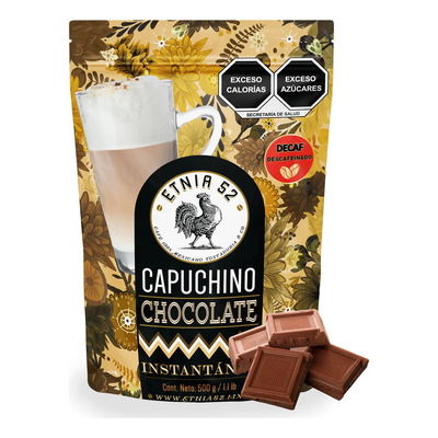 ETNIA 52 Café Capuchino Descafeinado Instantáneo Sabor Chocolate 500gr Balance en Dulzor y Café Libre de gluten Certificación Kosher Espumoso y Cremoso 100% Mexicano ETNIA 52 | MercadoLibre