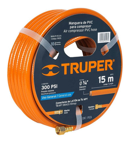 Manguera Para Compresor Aire Pvc 1/4 PuLG 15m Truper 19015 Color Naranja