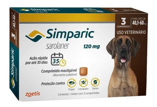 Antipulgas Simparic 120mg 40,1-60kg Caixa 3 Comp Promoção