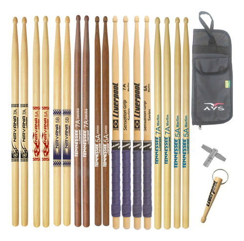 Kit Baquetas Bateria Completo 9 Pares + Bag / Chave E Brinde