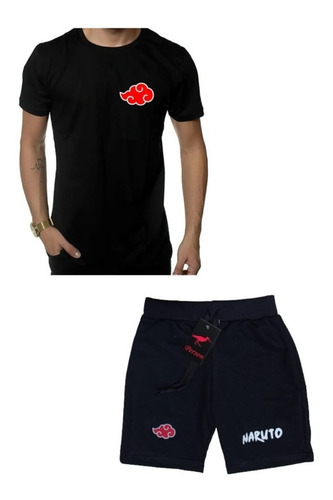 Kit Bermuda Moletom + Camiseta Camisa Naruto Akatsuki Anime