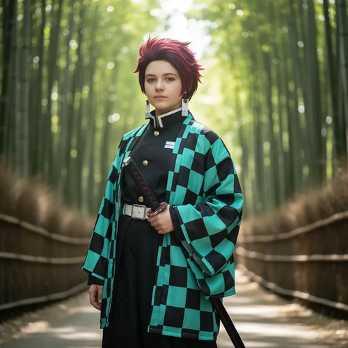 Disfraz Cosplay Anime Demon Slayer Tanjirou Kimono Con Pelucas Y Pendientes Para Fiesta De Halloween Para Niño Y Mujer | Envío gratis