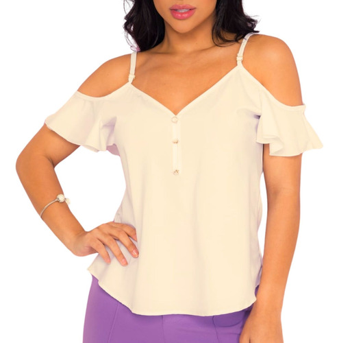 Blusa Crepe Manga Ciganinha Ombros Feminina Gola V Botões