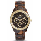 Reloj Fossil Es3814 Para Mujer Am/pm Fechador Doble Color De La Malla Negro Color Del Bisel Dorado Color Del Fondo Negro